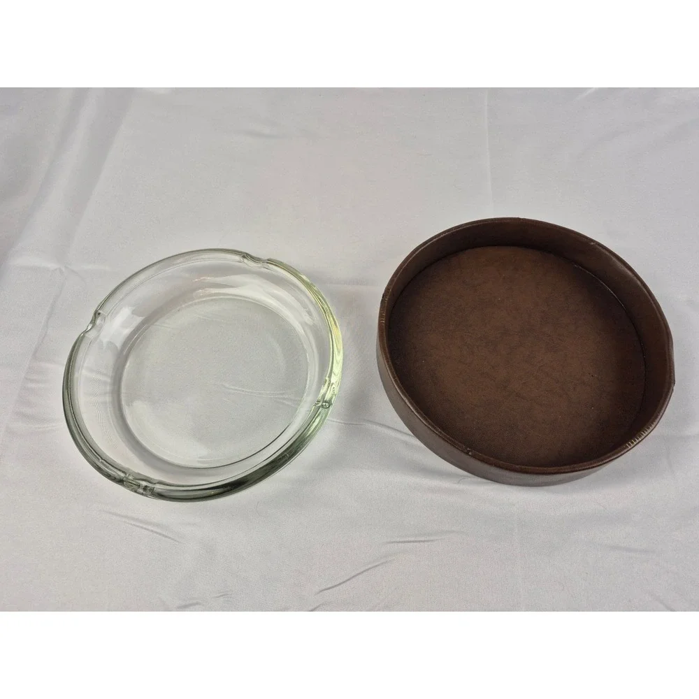 Vintage MCM Glass Ashtray Faux Leather Holder Heavy‎ Brown Bar Decor 8.25 - Picture 3 of 7